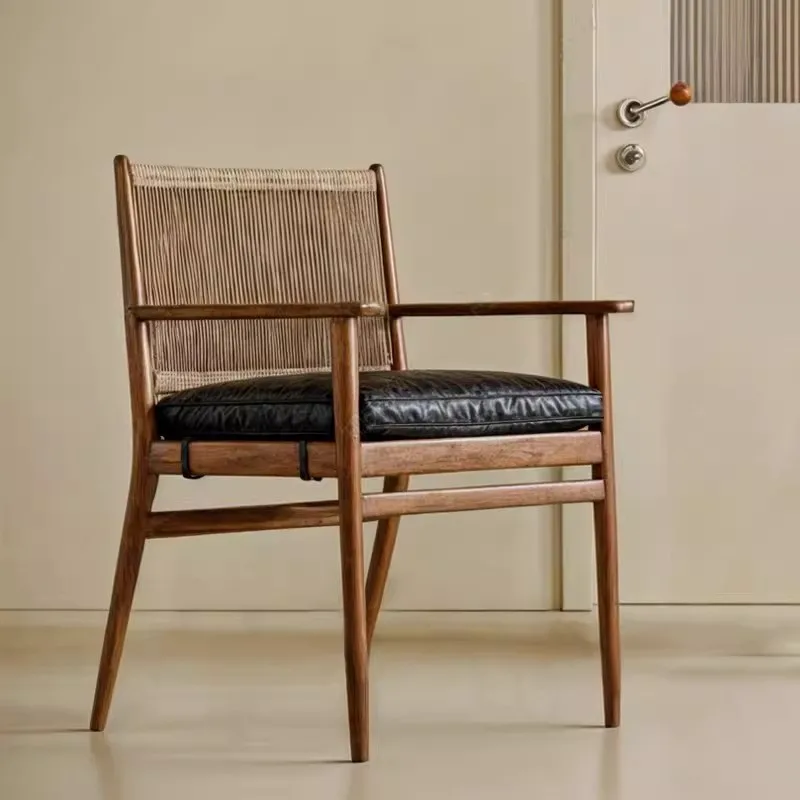 Solid wood dining chair household modern simple back chair restaurant chair rattan