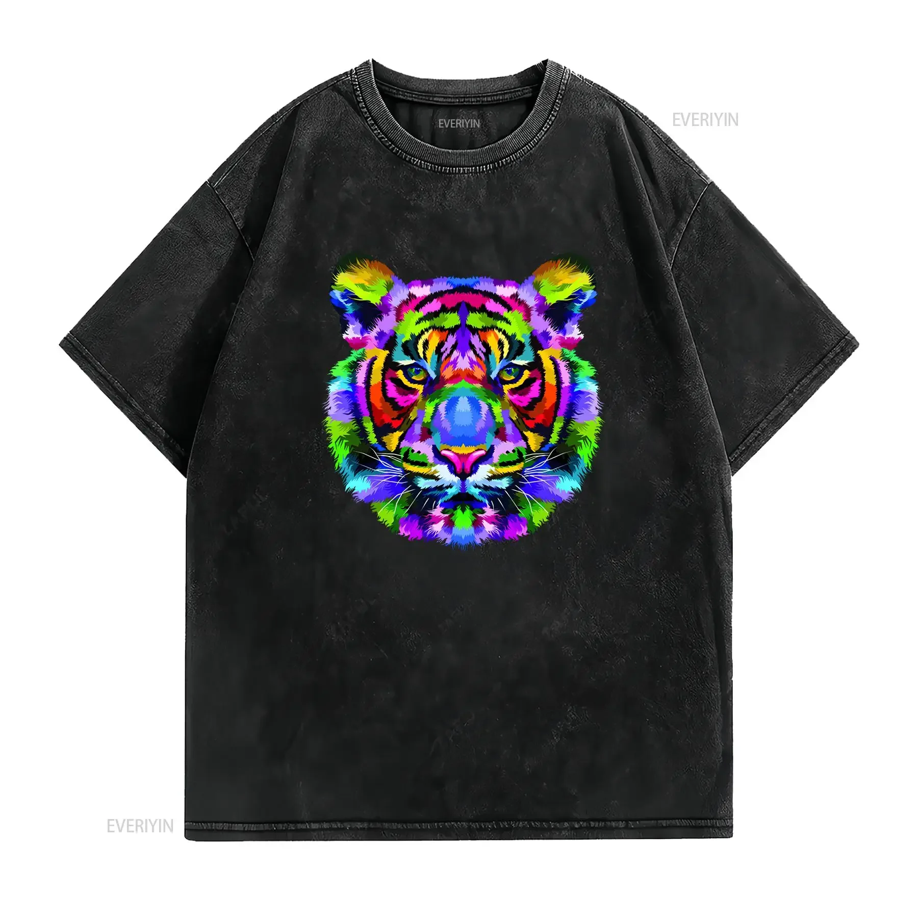 Tiger Face Neon T Shirt Wild Life Animal Rave Music Men's vintage Washed Soft fashion Comfortable Stylish Slightly