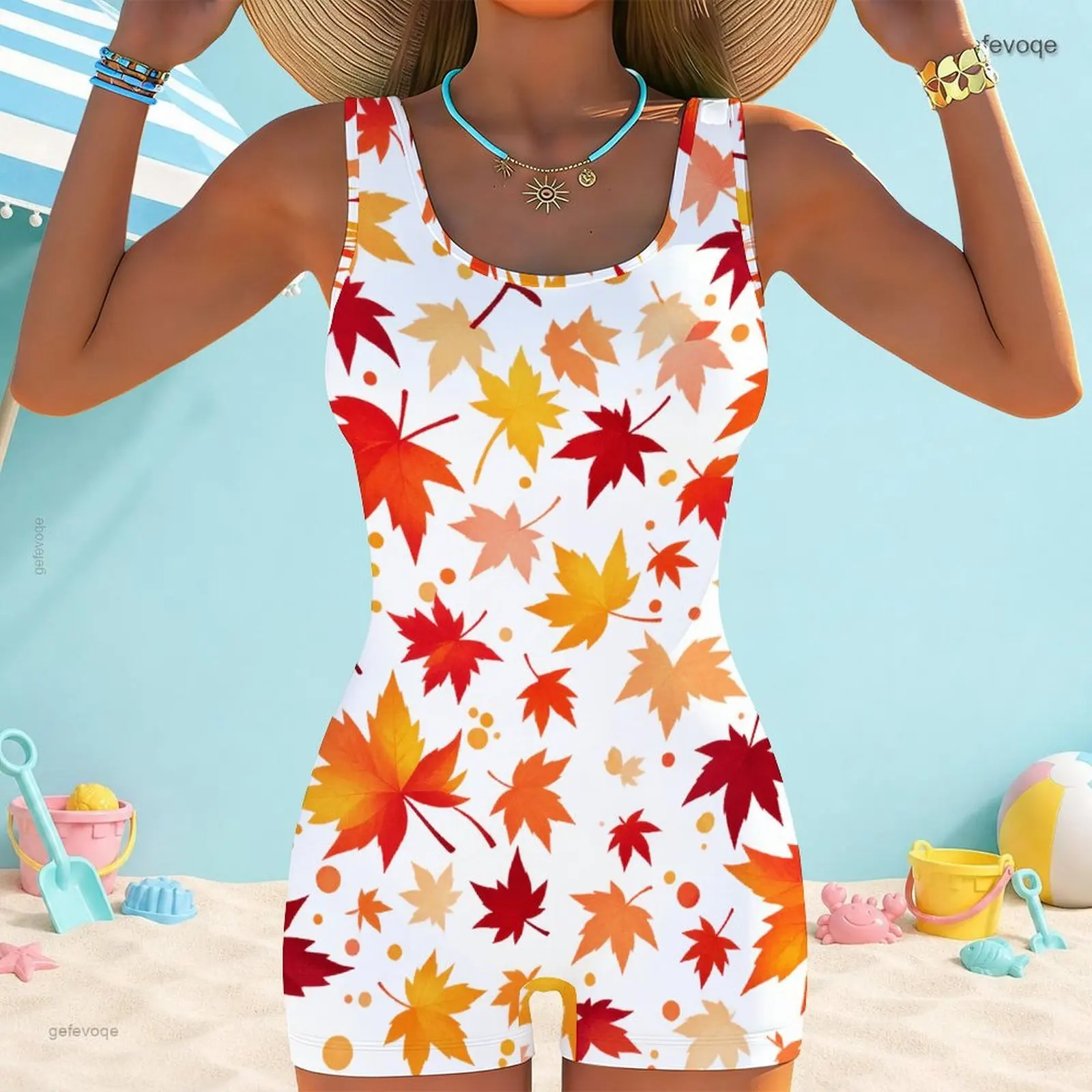 Women Sleeveless One Piece Boyshort Swimsuit Printed Colorful Maple Leaf Pattern White Base