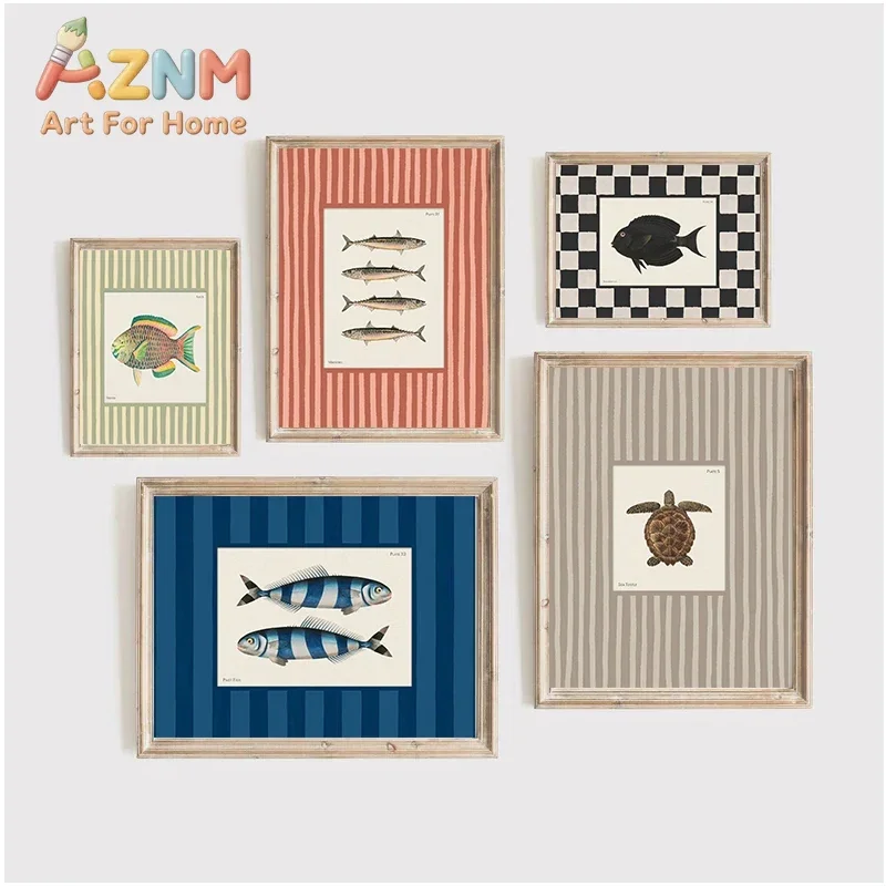 AZNM Vintage Marine Creature Canvas Painting Frameless Wall Art Fish Turtle Striped Background Print Coastal Style Home Decor Po