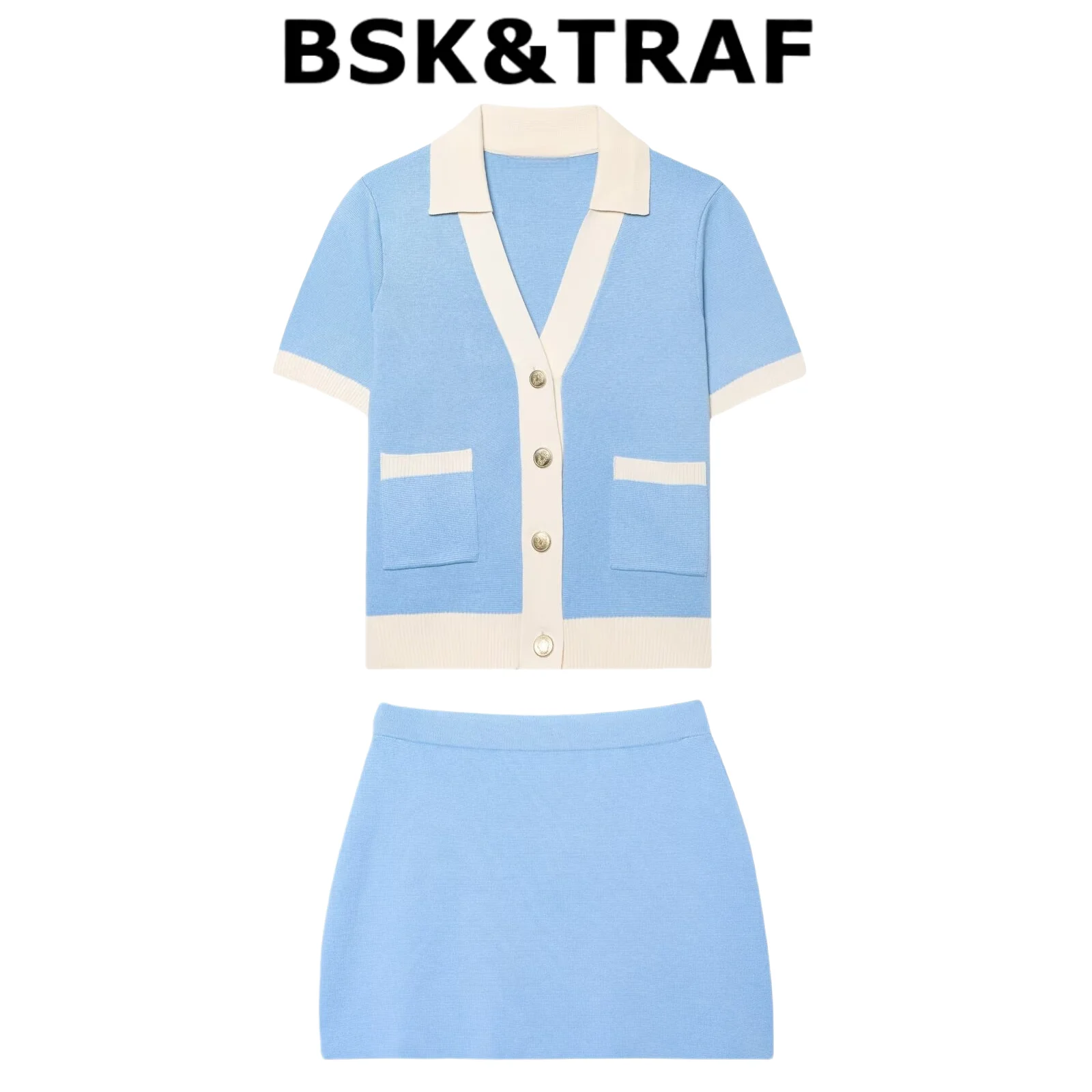 

BSK&TRAF2025 Summer New Products Women's Clothing Simple and Fashionable Lapel Short-sleeved Knitted Jacket + A-line Skirt