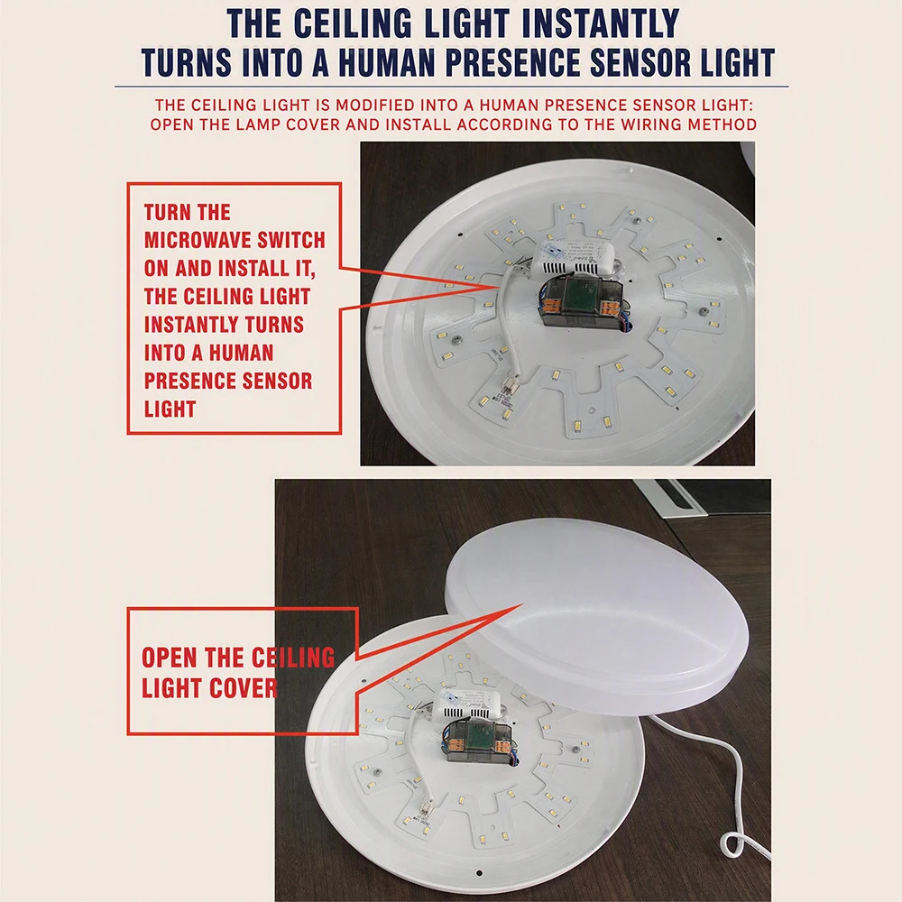 Intelligenter Sensor-Mikrowellenradar-Induktionsschalter für Deckenleuchten - Verdeckte Installation mit Kleberückseite, automatisches Ein-/Ausschalten – Detail 17