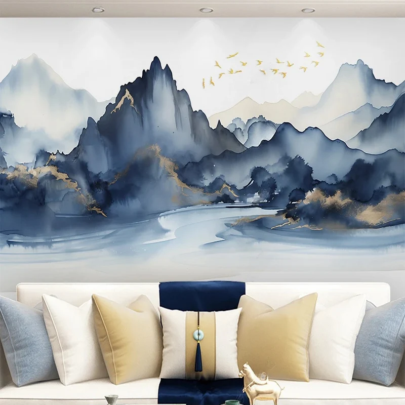 Custom Large Size 3D Chinese Style Mural Canvas Abstract Blue Ink Landscape Painting Living Room TV Sofa Background Wall Decor