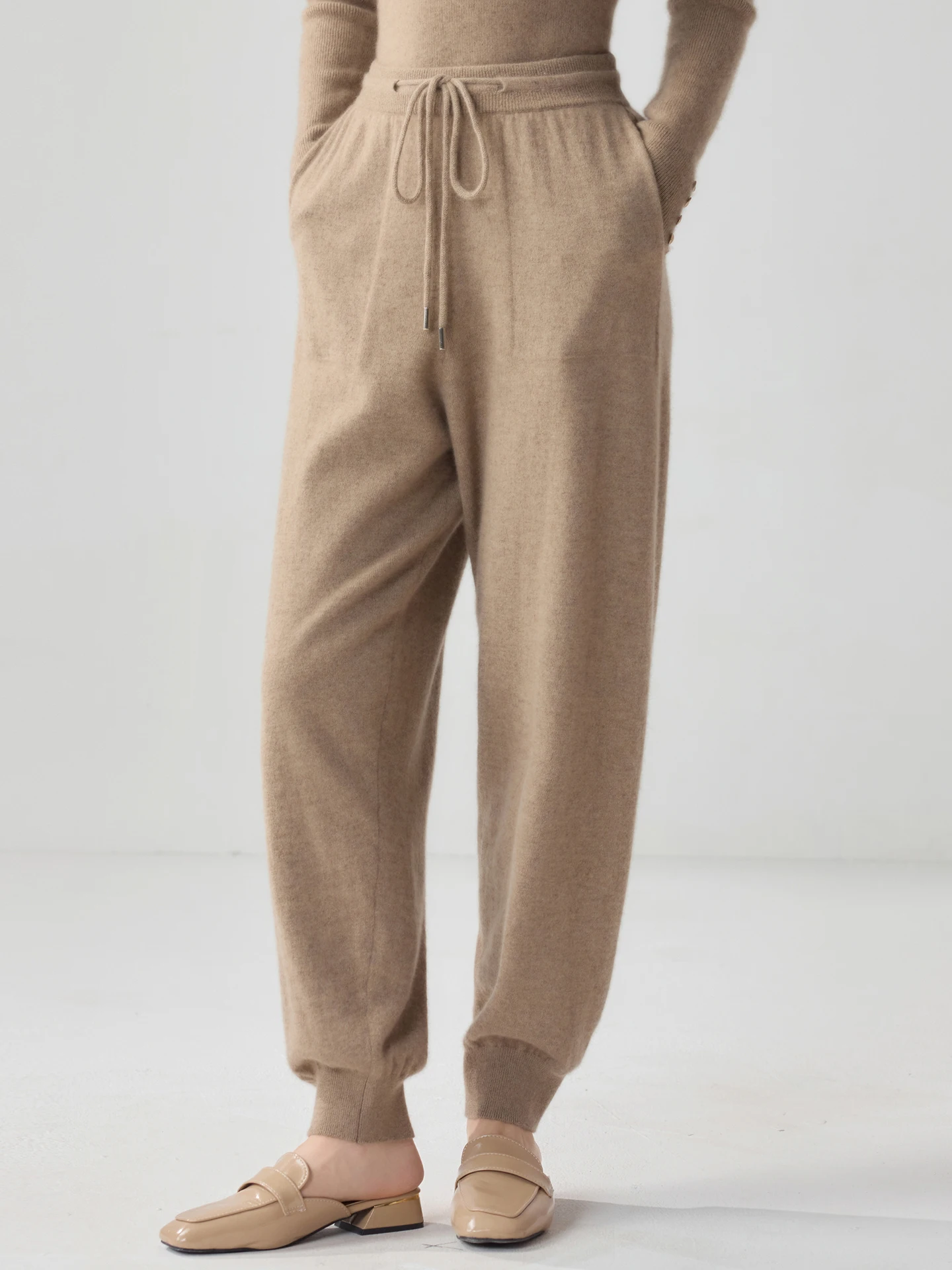 100% Pure Cashmere Pants Women Autumn Winter Mid-high Waist Drawstring Soild Casual Knitted Cuffed Sweatpants Versatile Warm