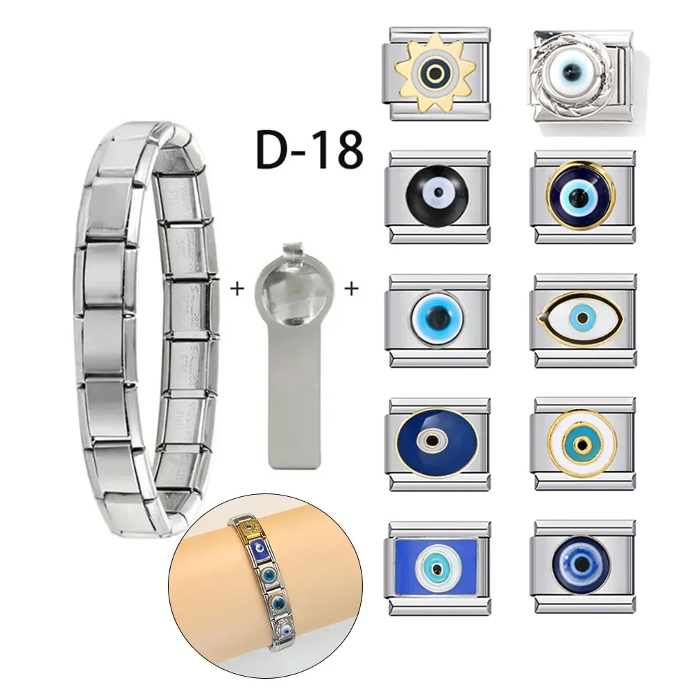 

Italian Charm Stainless Steel Bracelet Pack Seaside Flower Evil eyes set with Basic Chain Tool 10 Modules DIY Making Jewelry