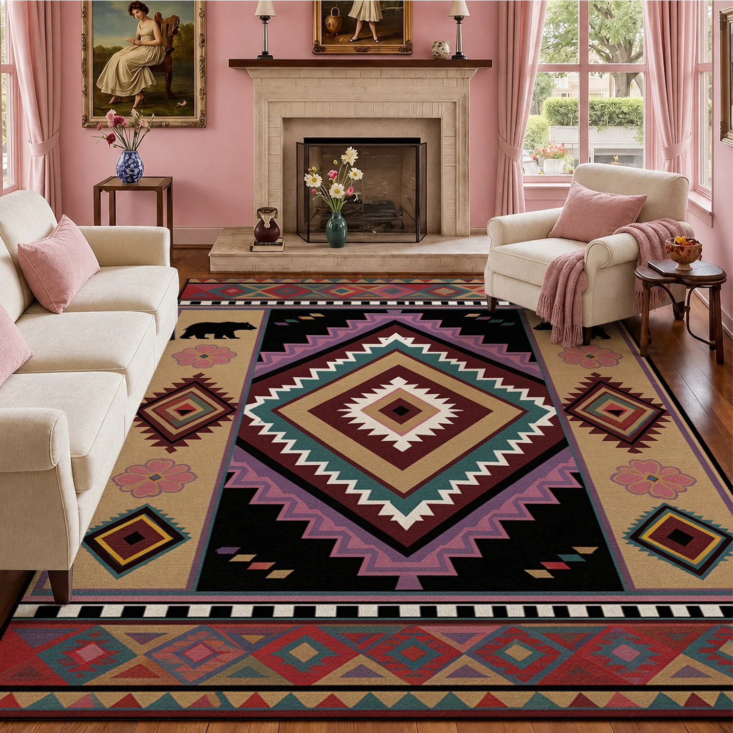 Native Geometric Bear Floral Pattern Velvet Area Rug Machine Washable Soft Floor Rug for Living Room Bedroom Entryway Dining Room Ideal for Halloween Thanksgiving Christmas New Year Black Friday Home Decor