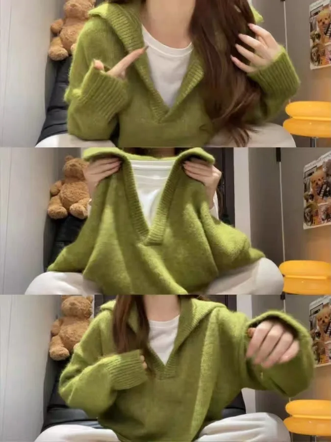 

Korean Sle Women's Loose Fit Soft Sweater Stand Collar Knitted Long Sve Top Outerwear Casual Comfortable Inner Wear