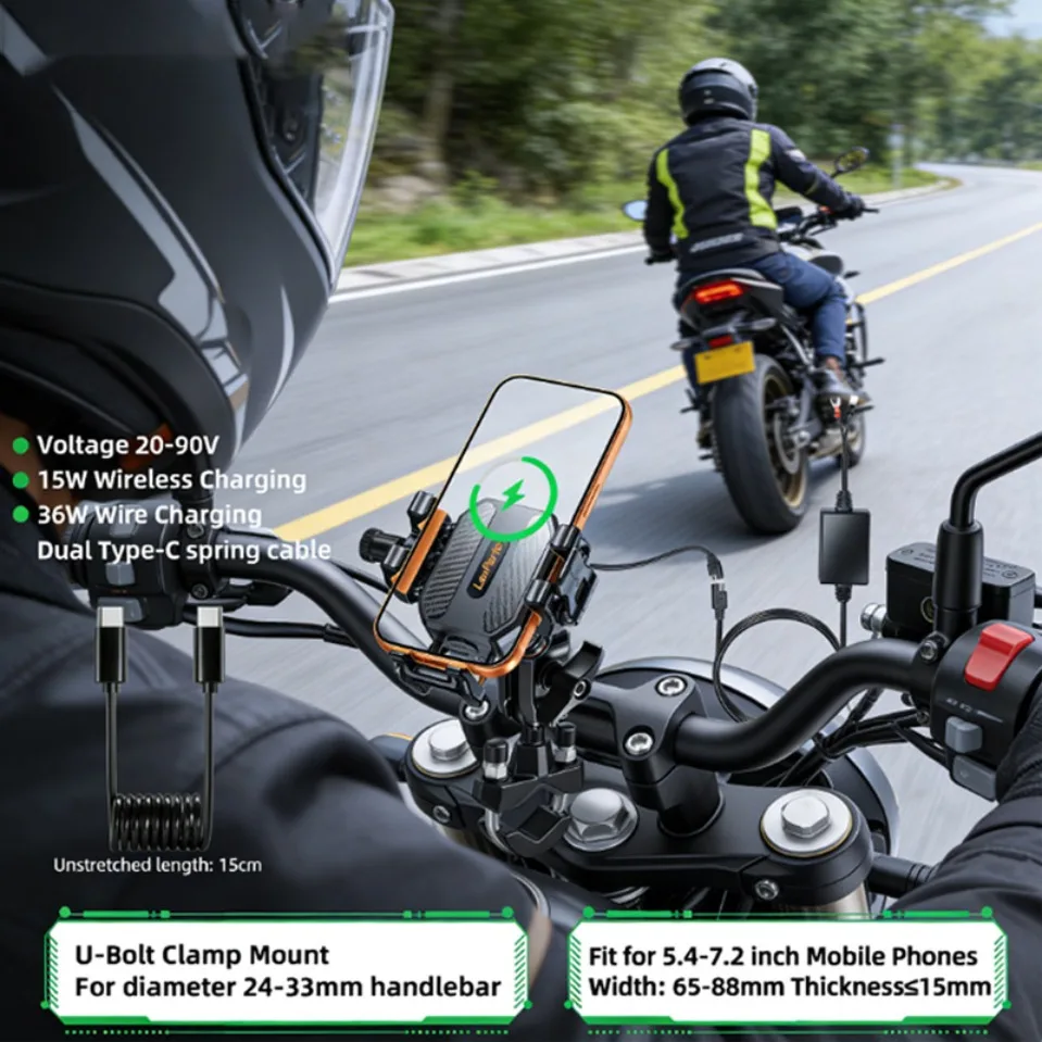 

Держатель для телефона на мотоцикл с беспроводной зарядкой 15 Вт, USB-C зарядкой 36 Вт, водонепроницаемостью IP66 и защитой от кражи, подходит для электровелосипедов