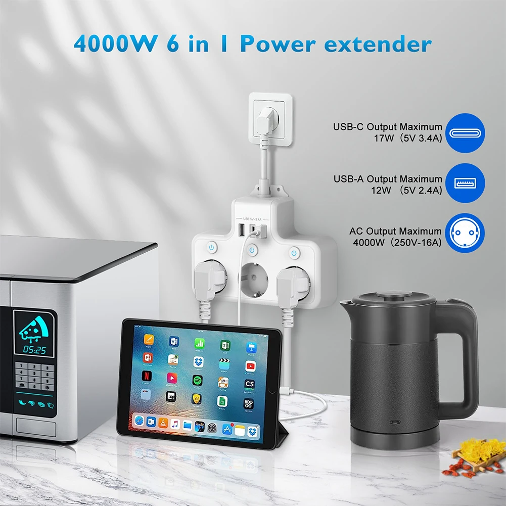 Power Strip 3-Way Cord Socket Multiple Socket Travel  Max 4000W Surge Protector Multi -Plug Wall Socket For Office Home