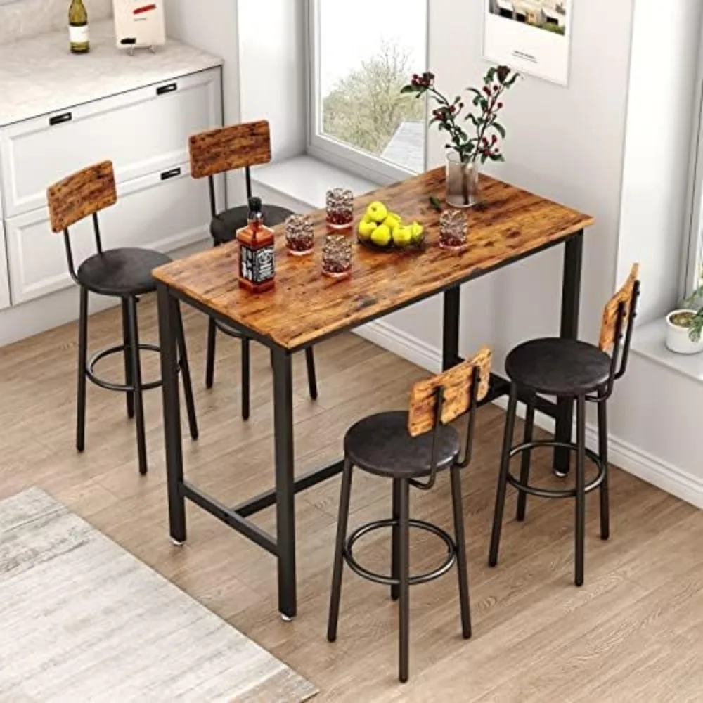 

Bar Table and Chairs Set for 4, 5 Pieces Industrial Counter Height Pub Table and 4 PU Soft Stools with Backrest, Kitchen Set