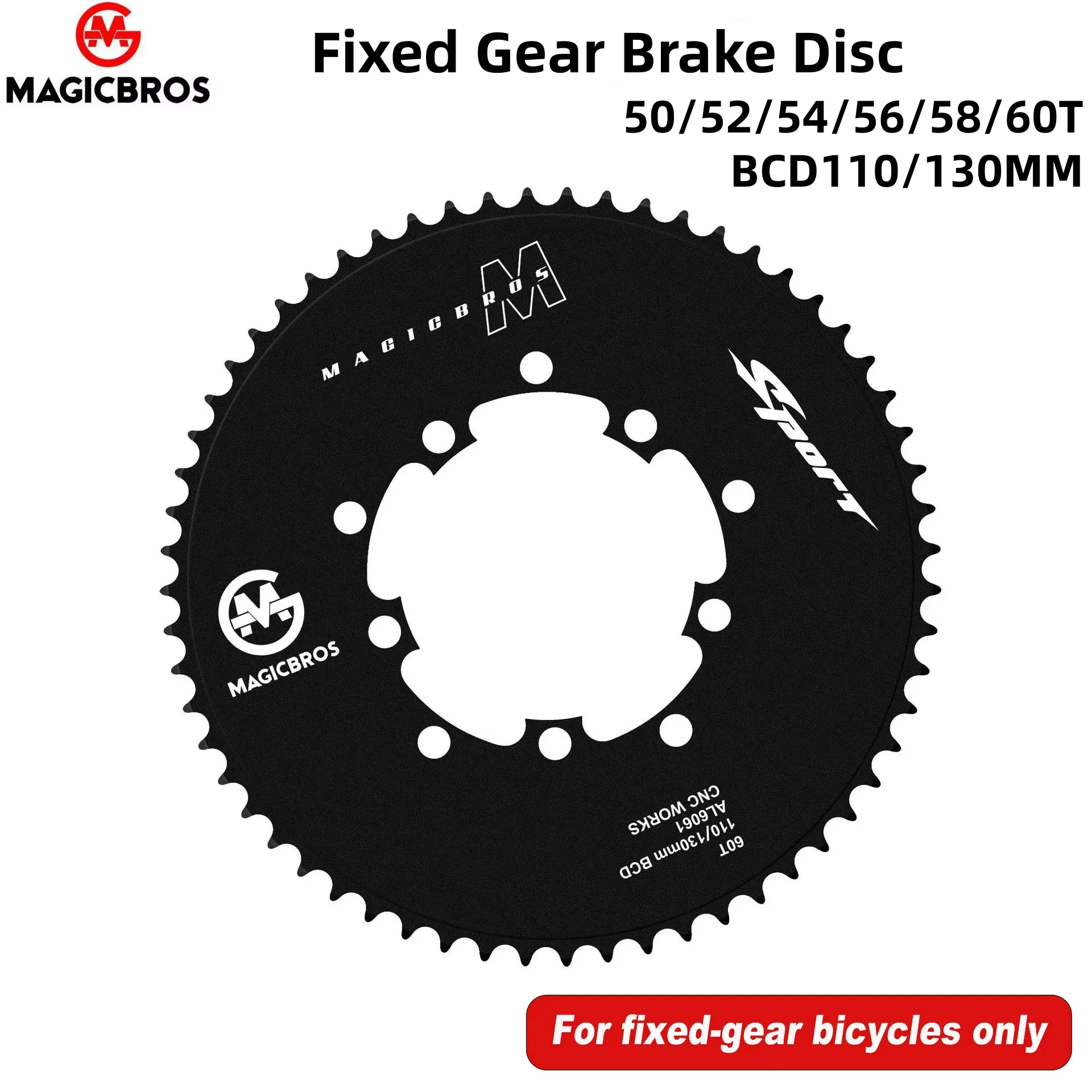 

MAGICBROS Round Chainring, Dual BCD 110/130mm Fixed Gear Bike Chainring (50/52/54/56/58/60T) Bike Components Aluminum Alloy