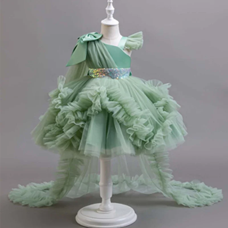 Girls Asymmetric Ruffled Tulle Gown With Bow And Sequin Belt Perfect For Flower Girl Train Dresses Birthday Celebrations Piano P