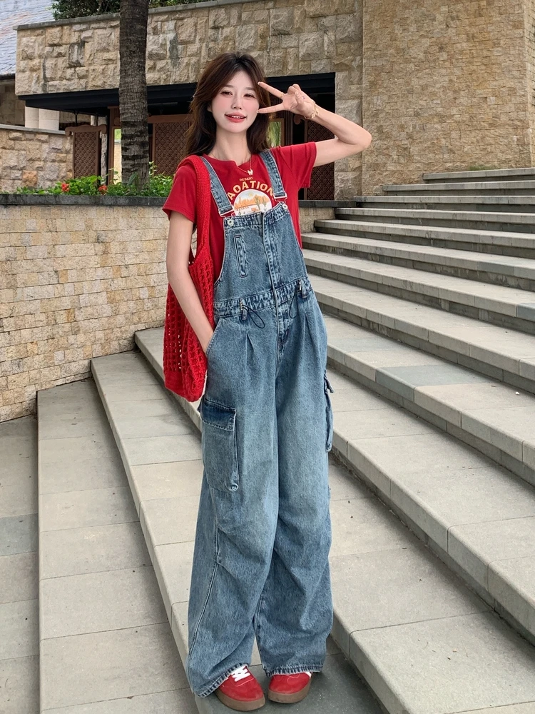 

American Retro Cool Cowgirl Denim Overalls Women's Summer High Waist Workwear Jumpsuit Casual Wide Leg ket Jeans