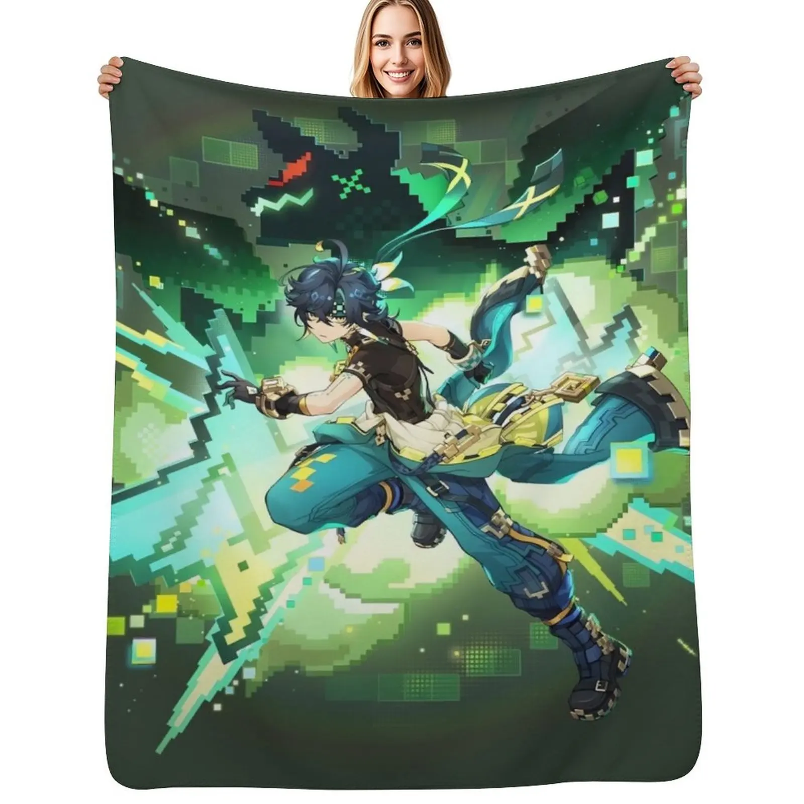 

Kinich Genshin Splash Art Throw Blanket Shaggy Soft Plush Plaid Large Winter beds Blankets