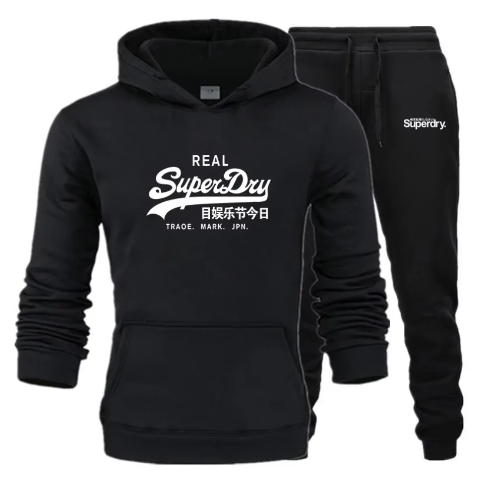 UK Superdry Brand New Autumn/winter Printed Hoodie+drawstring Pants Set Top Street Fashion Men\'s Fleece Pocket Casual Sports Set