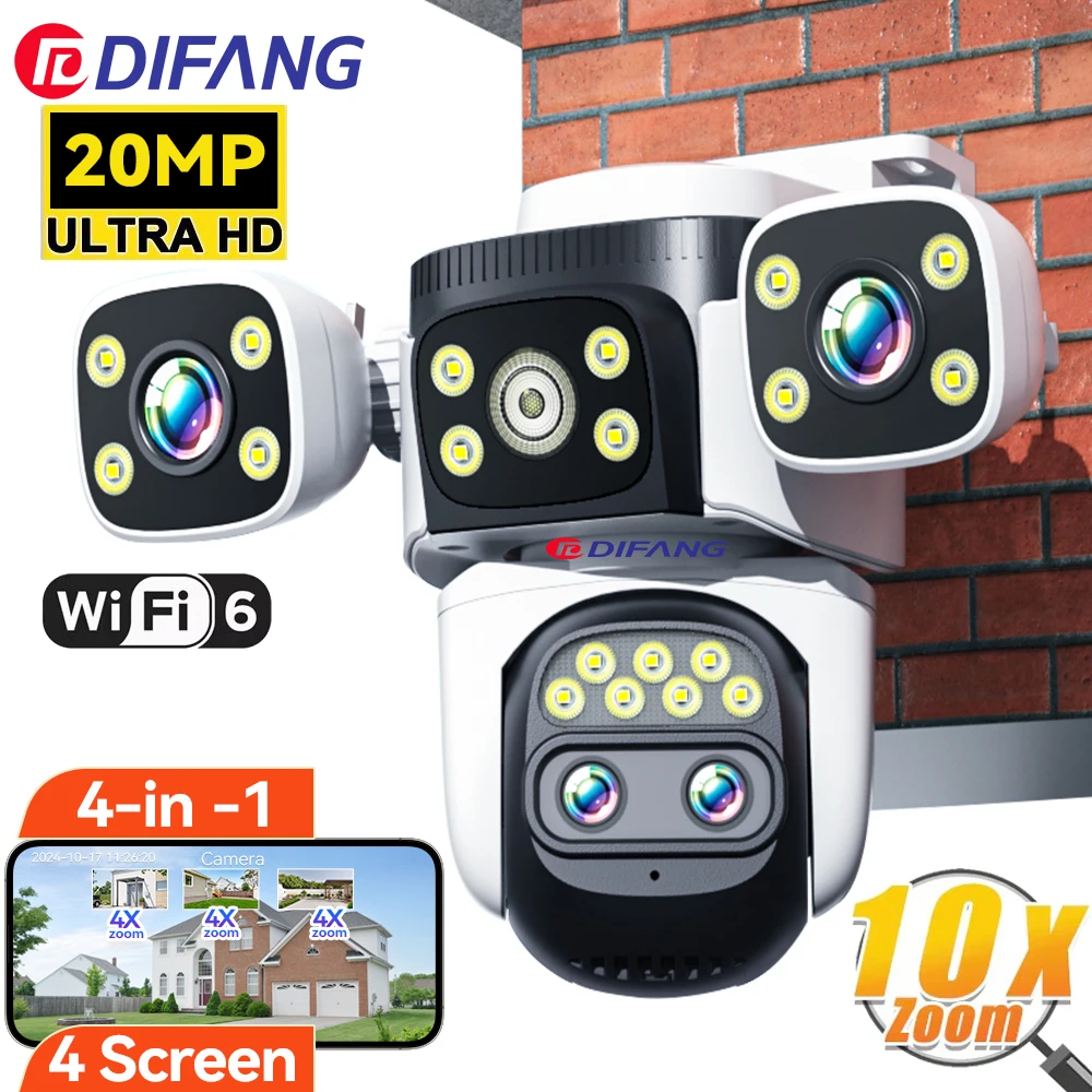 

10K UHD Security WiFi Camera Four Lens Four Screen Surveillance Cam Ai Track 10x Optical Zoom Waterproof Outdoor CCTV Cam Home