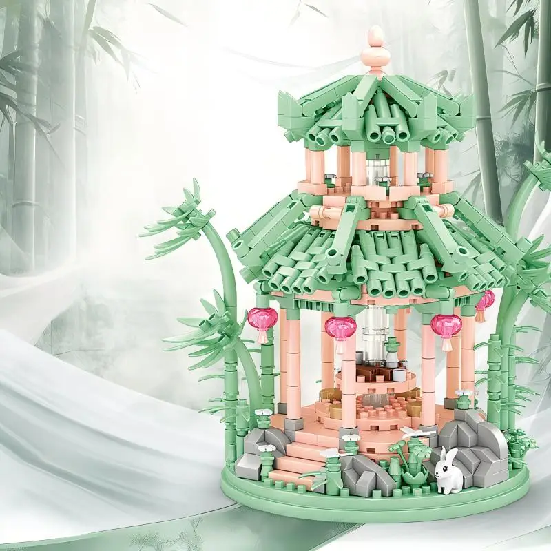 Chinese‑Style Pavilion Building Bricks, Bamboo Garden Design, DIY Model, Table Decor, For Hobby Collectors.