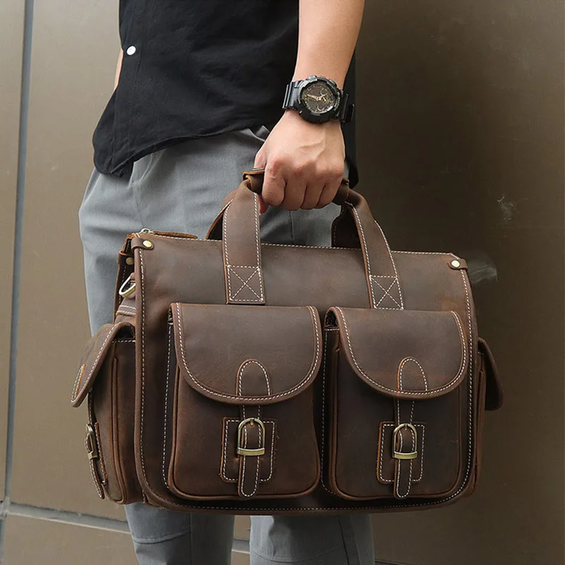 Maletín Vintage de cuero de vaca genuino para hombre, bolso para ordenador portátil de 15 pulgadas, bolso de mensajero de negocios, bolso de mano de trabajo