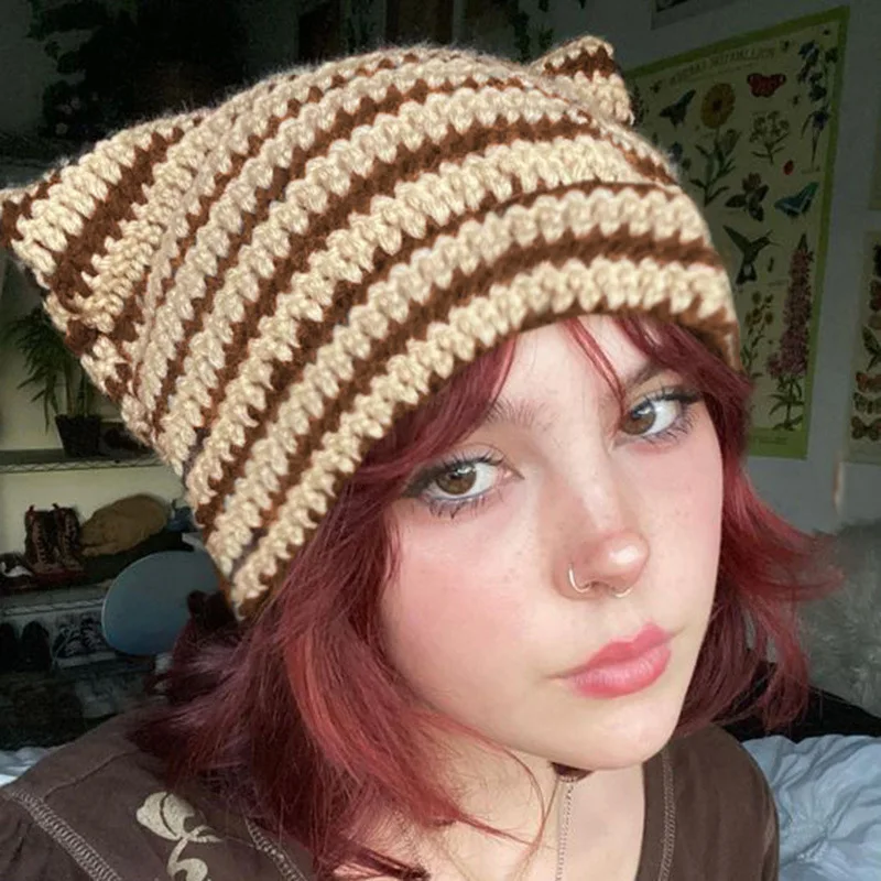 Gorros de punto a rayas del diablo para mujeres, hombres y niñas, gorros con orejas de gato, ropa de calle japonesa, Y2K, Harajuku, lindo, Otoño e