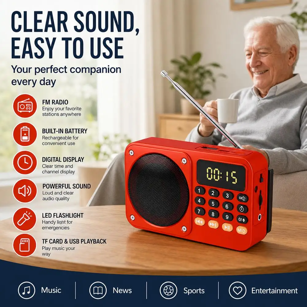 Przenośne radio FM AM z Bluetooth 5.0, bezprzewodowy głośnik, ładowalna latarka, odtwarzacz muzyki MP3 z obsługą kart TF i USB, dla seniorów, na zewnątrz, na sytuacje awaryjne.