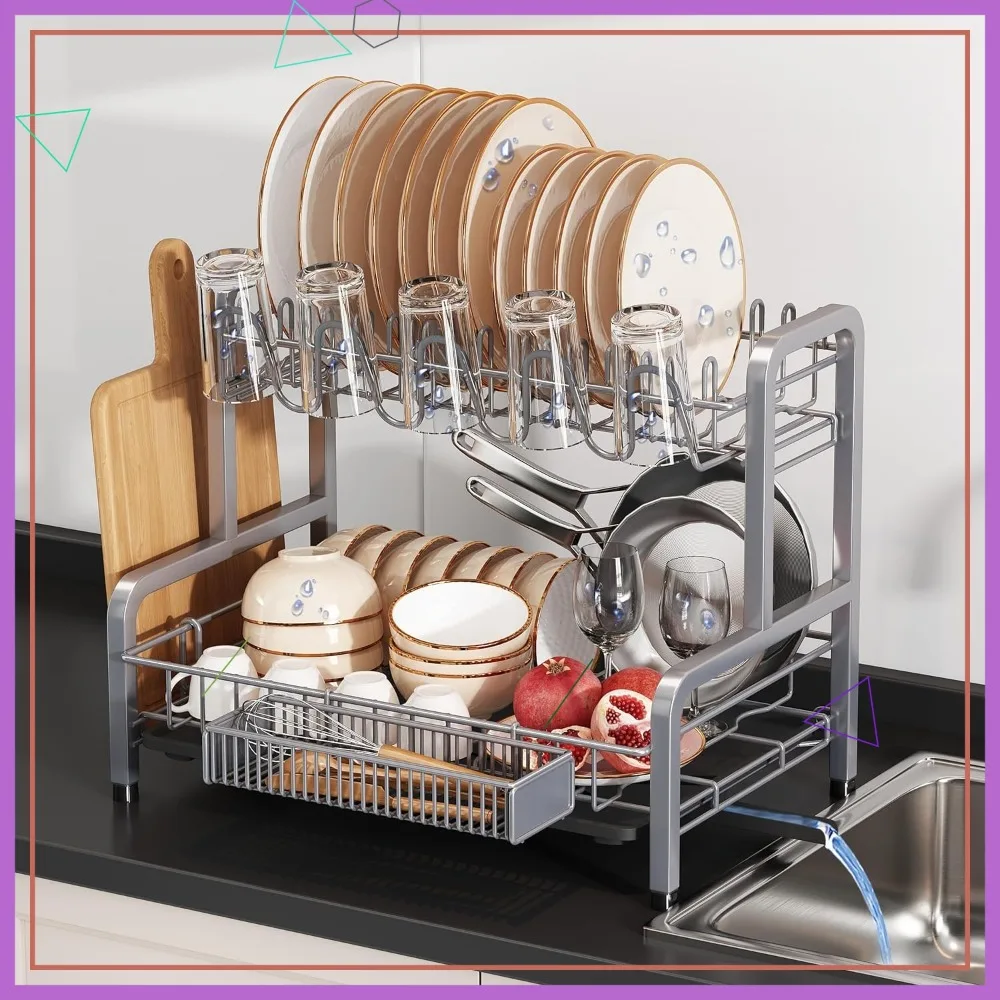 

2 Tier Stainless Steel Dish Drying Rack with Drainboard, Space Saving Modern Kitchen Countertop Organizer