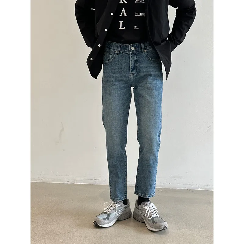 

Ретро джинсы из денима, прямые, зауженные, повседневные, с эффектом потертости, молодежные, модные, для города, брюки 7/8, бренд Tagkita, средняя посадка, на молнии