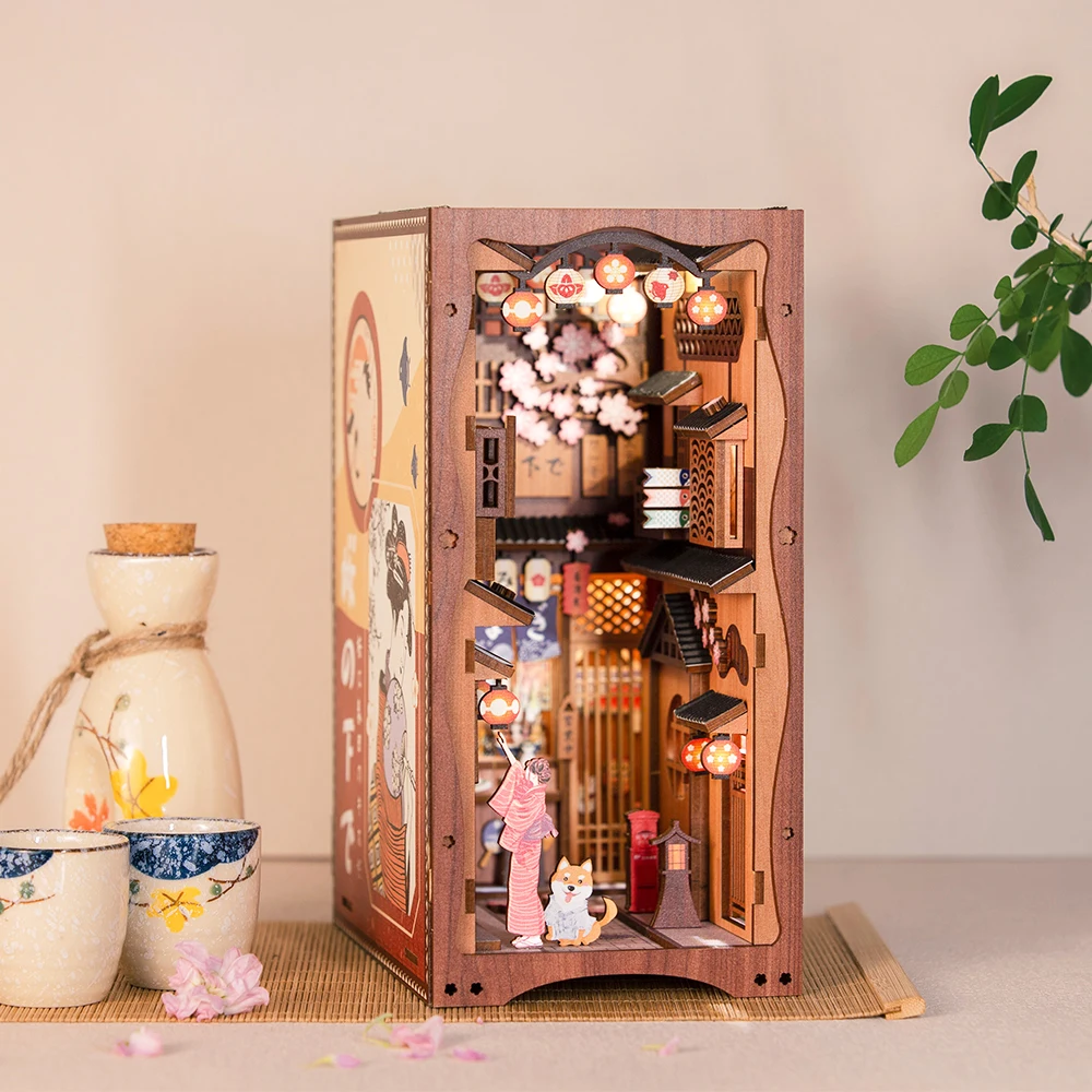 

CUTEBEE DIY BOOK NOOK Japanese Cherry Blossoms Wooden Bookend Bookshelf Kits Miniature Furniture for Kids Adult