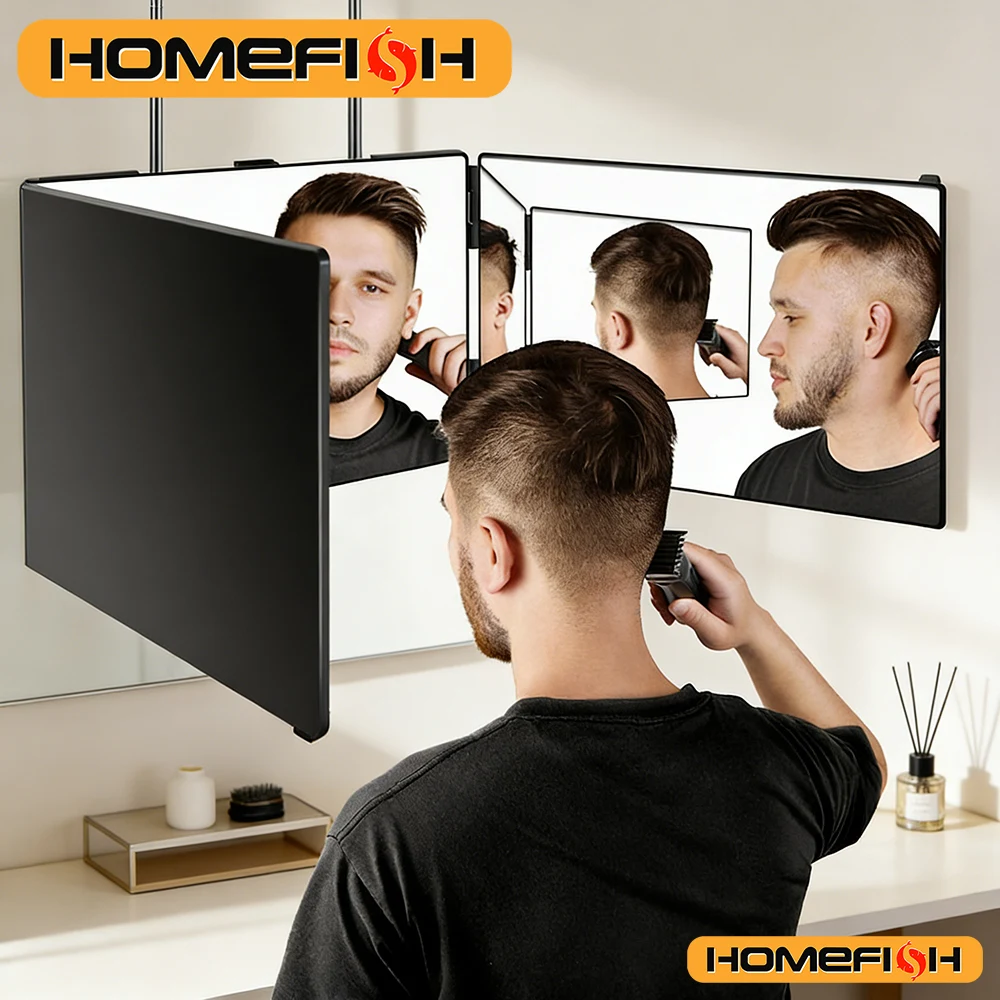 Espelho Portátil Preto 360 Trifold com Ganchos Telescópicos Ajustáveis em Altura, Ideal para Corte de Cabelo e Maquiagem, Essencial e Dobrável