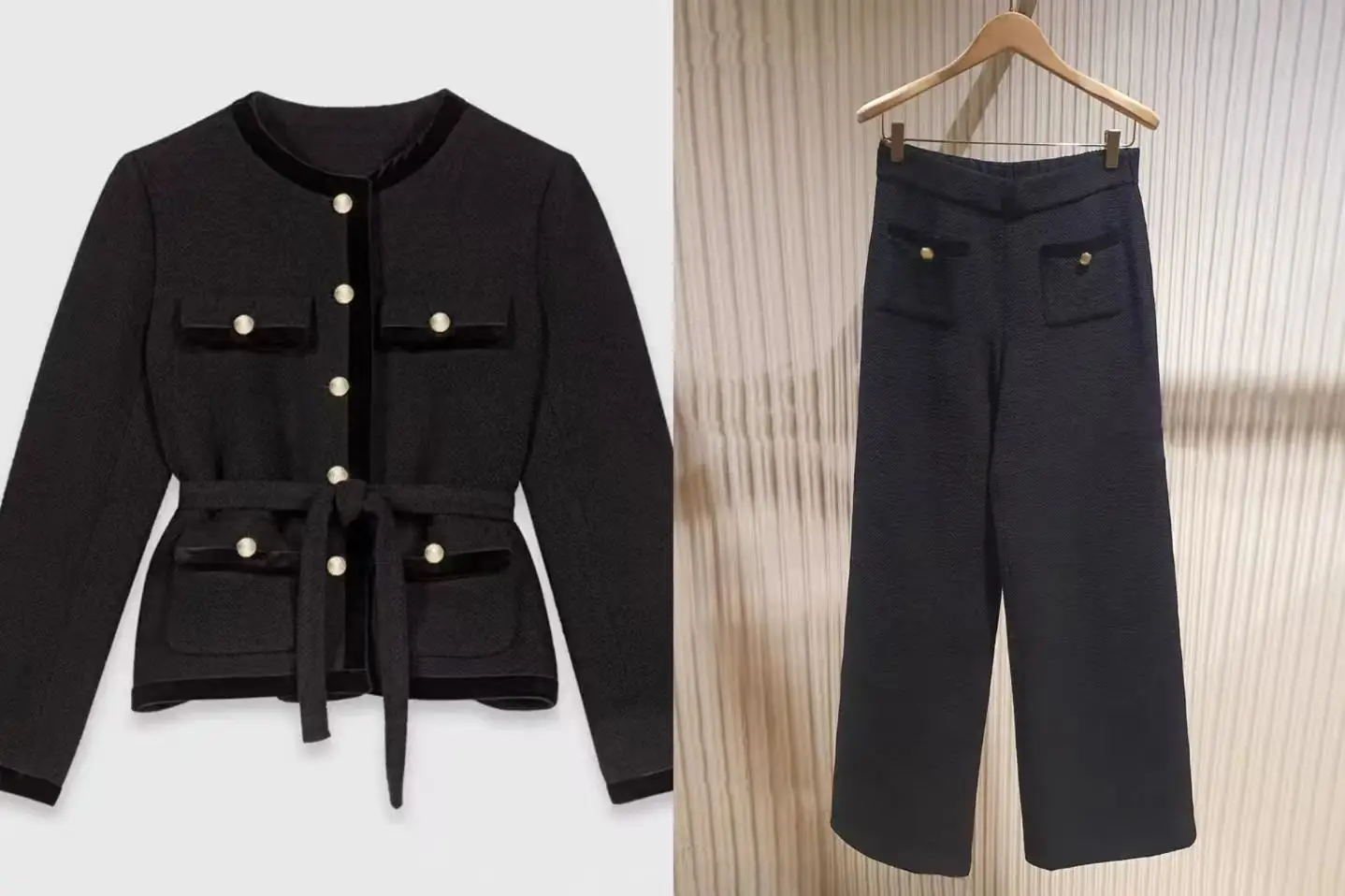 

Women Knitted Pants Suit Color Patchwork O-Neck Single Breasted Long Sleeve Cardigan +Low Waist Straight Trousers Elegant Suit