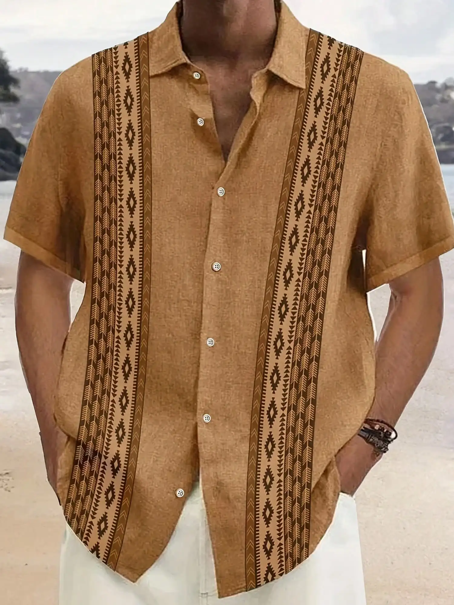 

Men's Ethnic Print Short Sleeve Button-Up Shirt, Regular Fit, Woven Polyester, Summer Casual