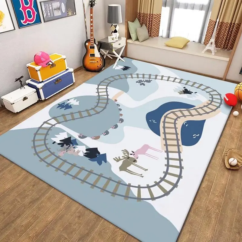 VIKAMA Blue Cartoon Train Forest Animal Area Rug Noise Reducing Machine Washable Kids Room Cozy Christmas Holiday Home Decor