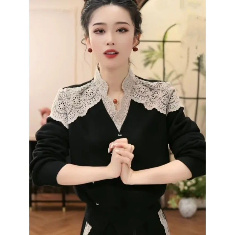 الفرنسية المتخصصة النمط الغربي الدانتيل الربط قطري زر نصف الياقة المفتوحة قميص طويل الأكمام للنساء 2025 الخريف قمة جديدة #3