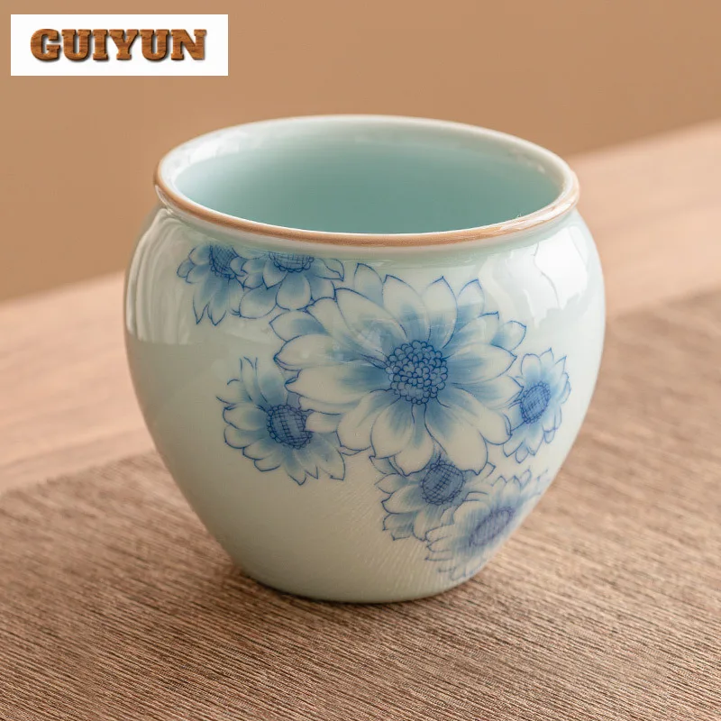 

500ml Retro Blue and White Sunny Flower Jianshui Washing Cup Bowl Tea Residue Bucket Chaxi Tea Ceremony Equipment Ornaments