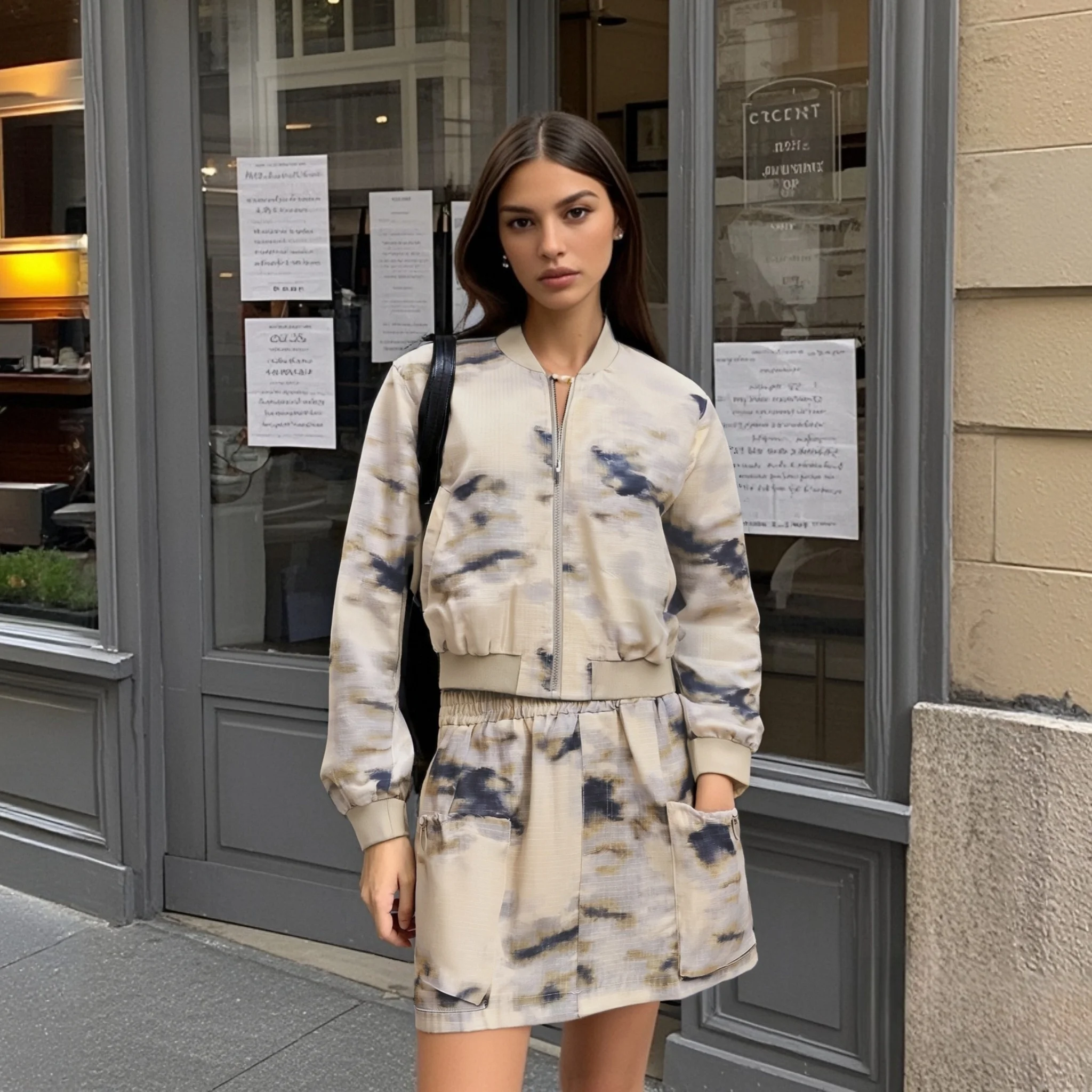 

2025 Ladies Two - piece Set with Bomber Jacket and Drawstring - pocketed Skirt and Tie - dye Pattern for Street and Casual Wear