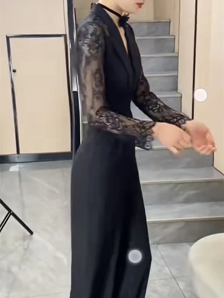 

Ele кружевной прозрачный комбинезон с высокой талией и широкими штанинами, женский модный весенний комбинезон 202, новый костюм с воротником в стиле пэчворк для похудения