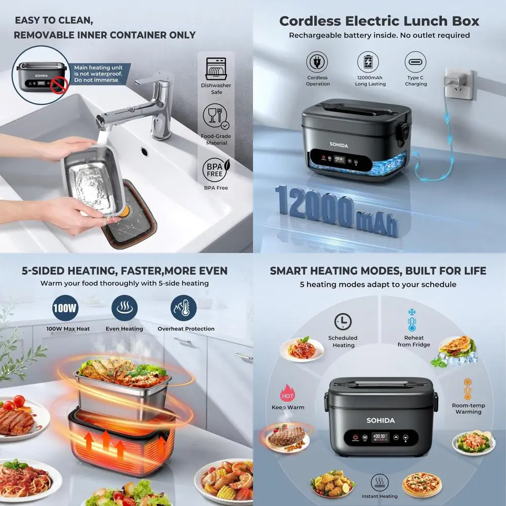 

Rechargeable 1.2L Electric Lunch Box for Adults & Men, Portable Food Warmer with 5-Sided Heating for Work, Car, Outdoor Use