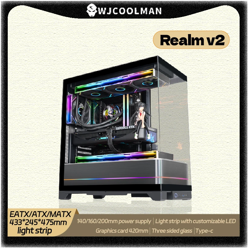 WJCOOLMAN Realm v2 EATX/ATX LED Light Strip PC gaming Case three sided glass Type-C 360 Water Cooler Desktop Computer Chassis
