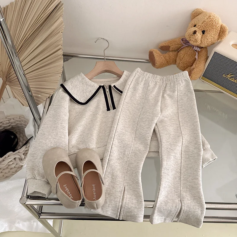 

Korean Girls' Clothing 2023 Cotton Spring Fashion Doll Neck Long Sleeve Grey Sweater Elastic Waist Flared Split Pants Sporty