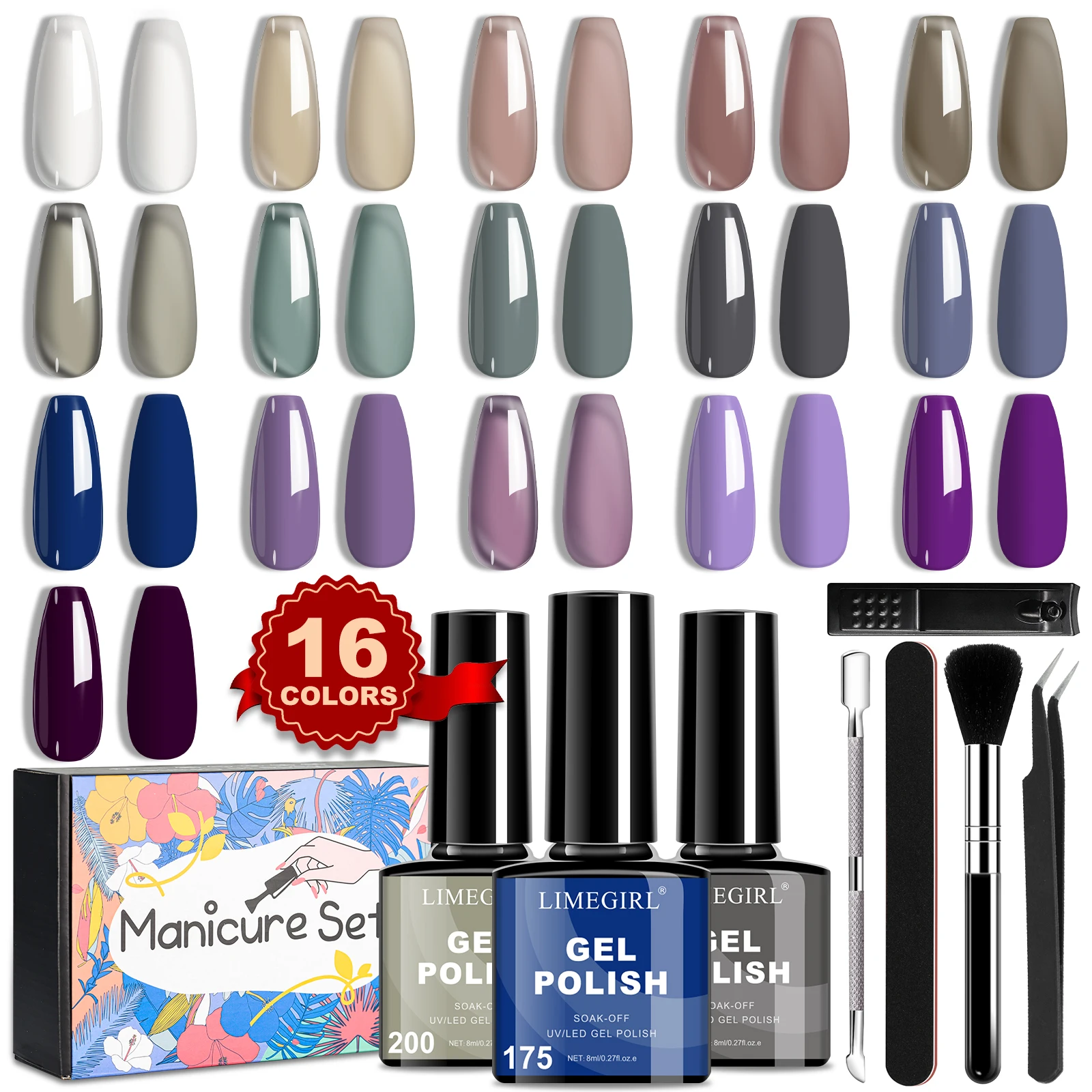 

LIMEGIRL Набор гель-лаков для ногтей, 16 цветов, 8 мл, УФ-светодиодный гель для дизайна ногтей с подарочной коробкой, замачиваемый лак, гель для дизайна ногтей, маникюрный набор