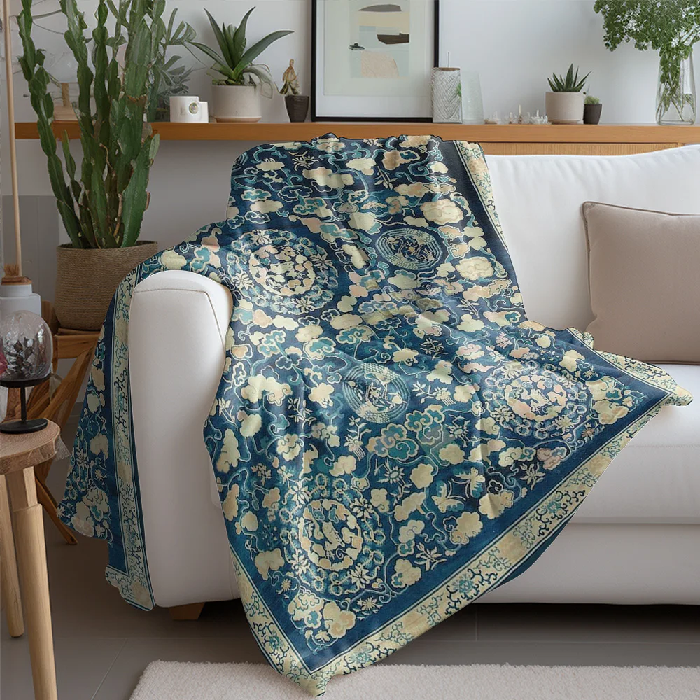 Turkish Vintage Embroidered Silk Velvet Throw Blanket Bed Sofa Decorative Cushion Cover Rug