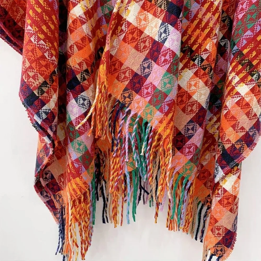 Fashion Bohemian Mongolian Poncho Ethnic Style Gradient Color Stripe Tassel Shawl Keep Warm Knitting Wrap Cloak for Women