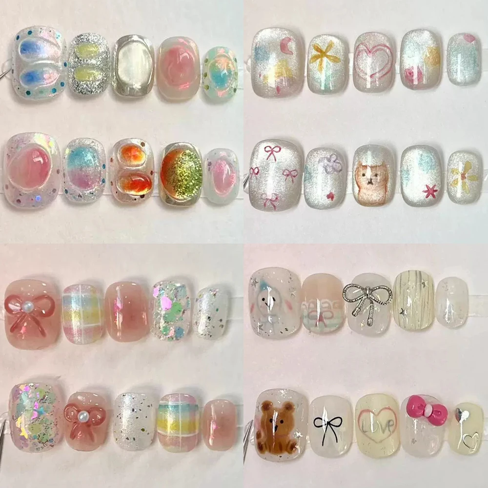 10Pcs Cute Handmade Short Square Round Press On Nail Cartoon Bear Cat Diamond Flowers Design Wearable Full Cover Fake Nails Tips