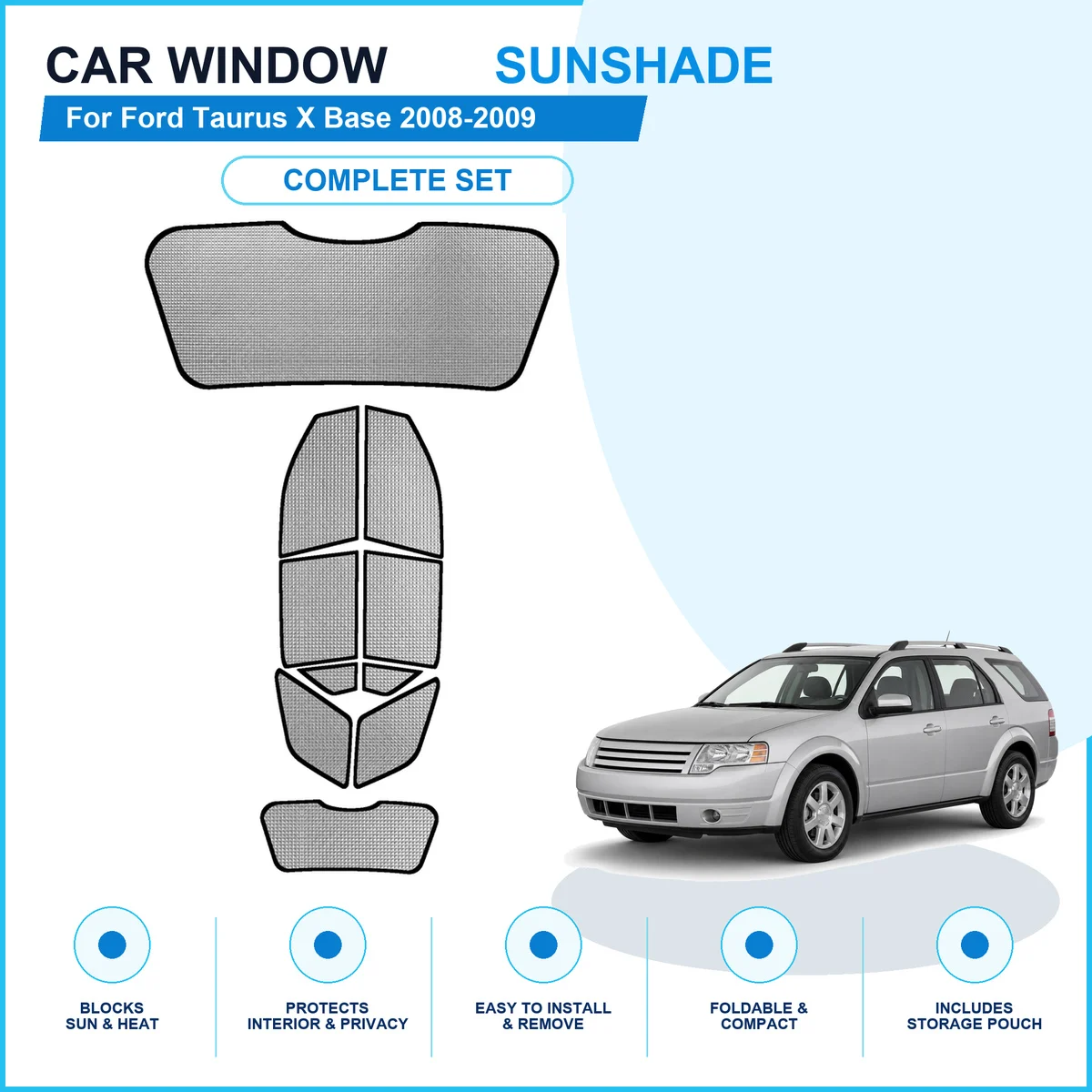 For Ford Taurus X Base 2008-2009 Custom Full Set Window Sunshades Aluminum Foil Suction Cup Anti UV Privacy