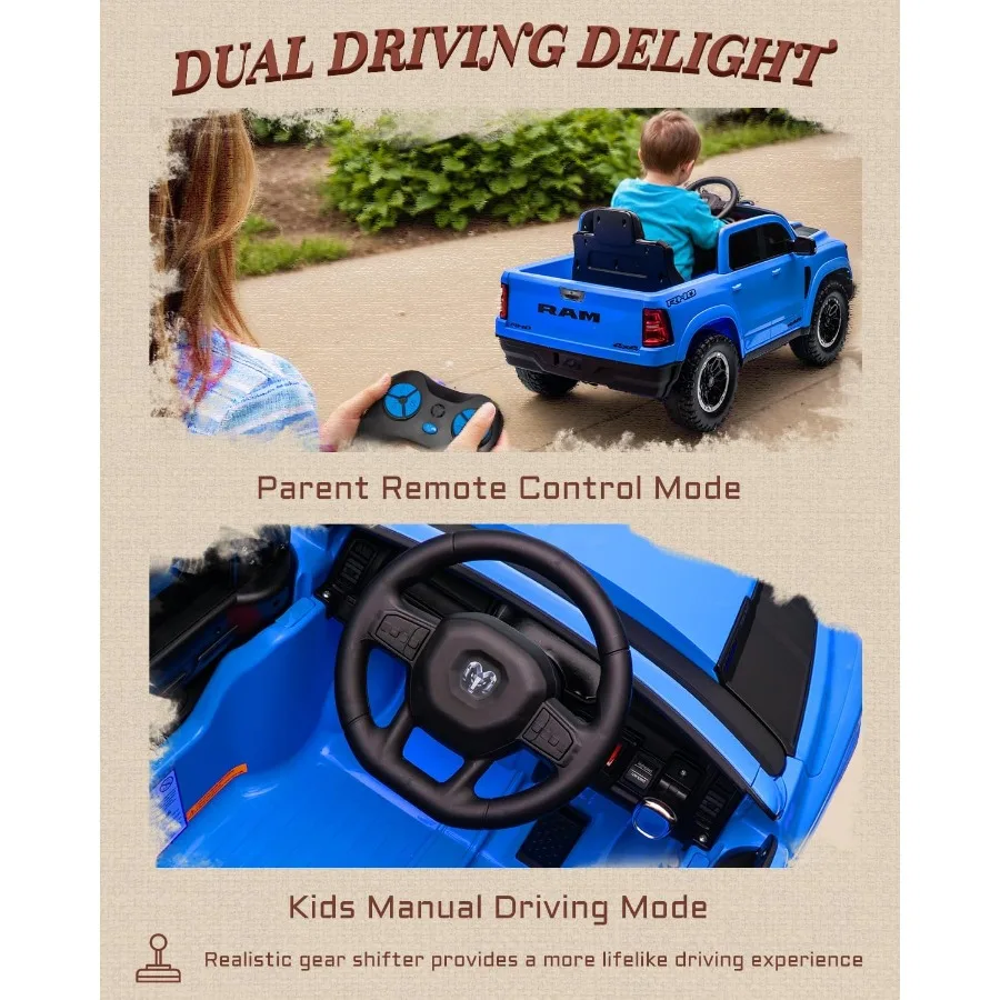 First Ride On 12V Elektrofahrzeuge, lizenzierter Ram 1500 RHO Ride on Truck mit ferngesteuertem Auto-Ride für mit Smooth Start T