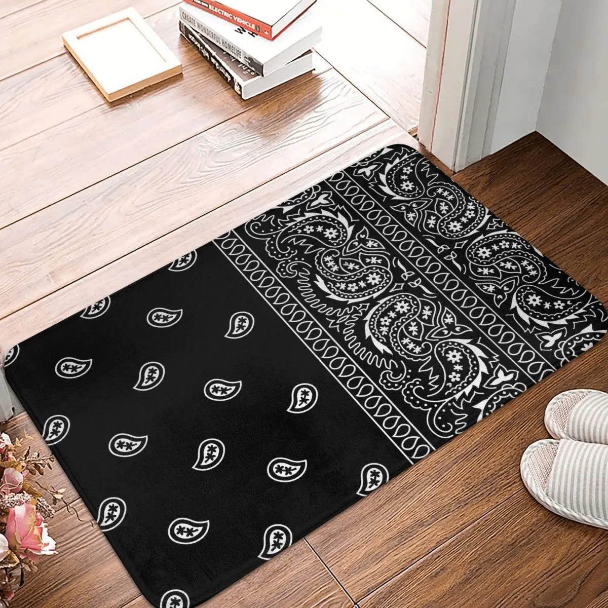 Black And White Paisley Chicano Bandana Style Face Mexican Style Non-slip Rug Doormat Bath Mat Hallway Carpet Indoor Decorative