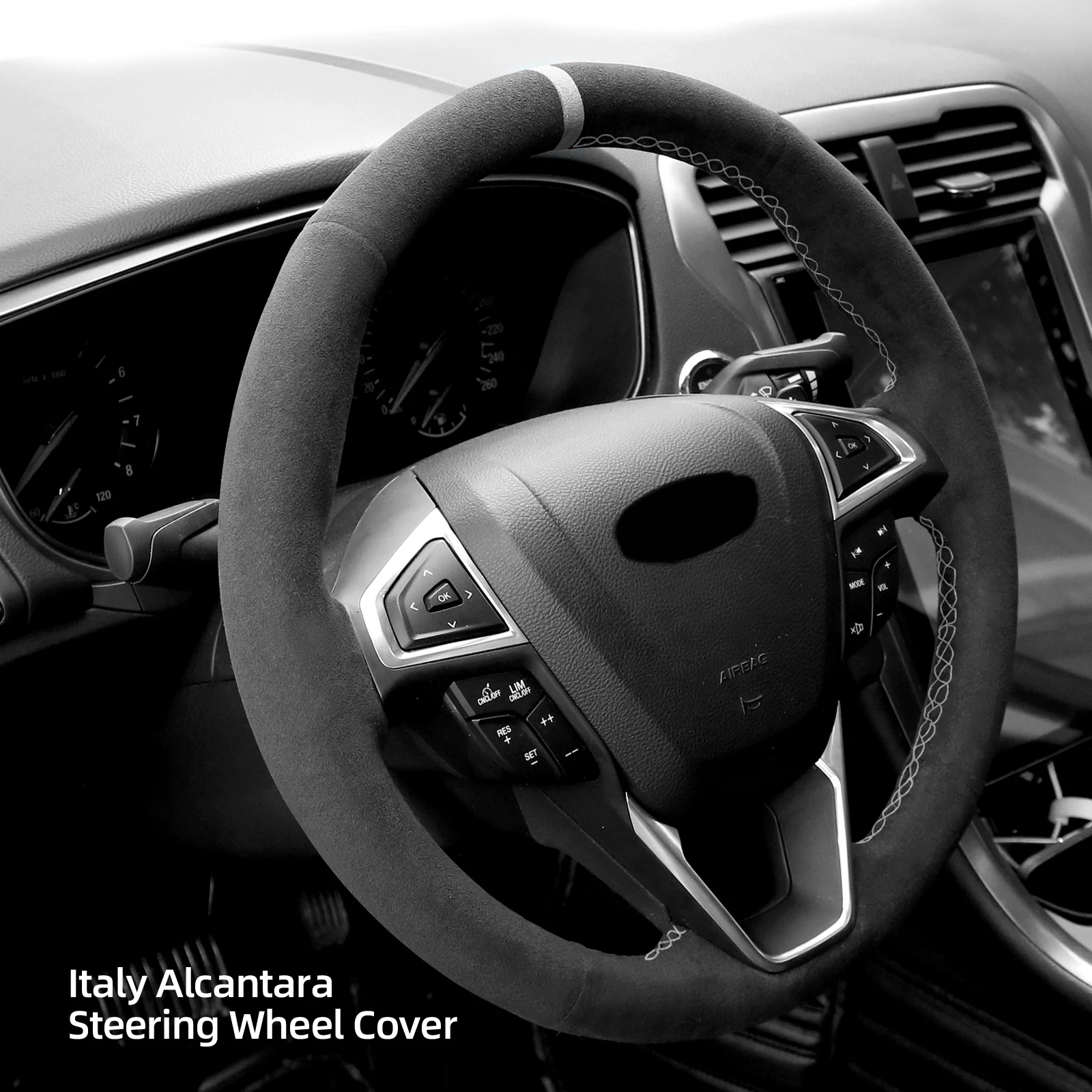 Alfanxi Hand Stitch Alcantara Steering Wheel Cover Compatible with Ford Edge Fusion Energi Hybrid Galaxy Mondeo S-MAX 2014-2020