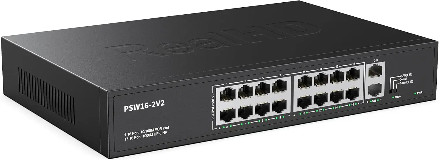 16 Port PoE Switch 300W, 16 PoE+ 100Mbps with 2 Gigabit Uplink, Unmanaged Plug and Play, 30W per Port, 802.3af/at, Rack Mount