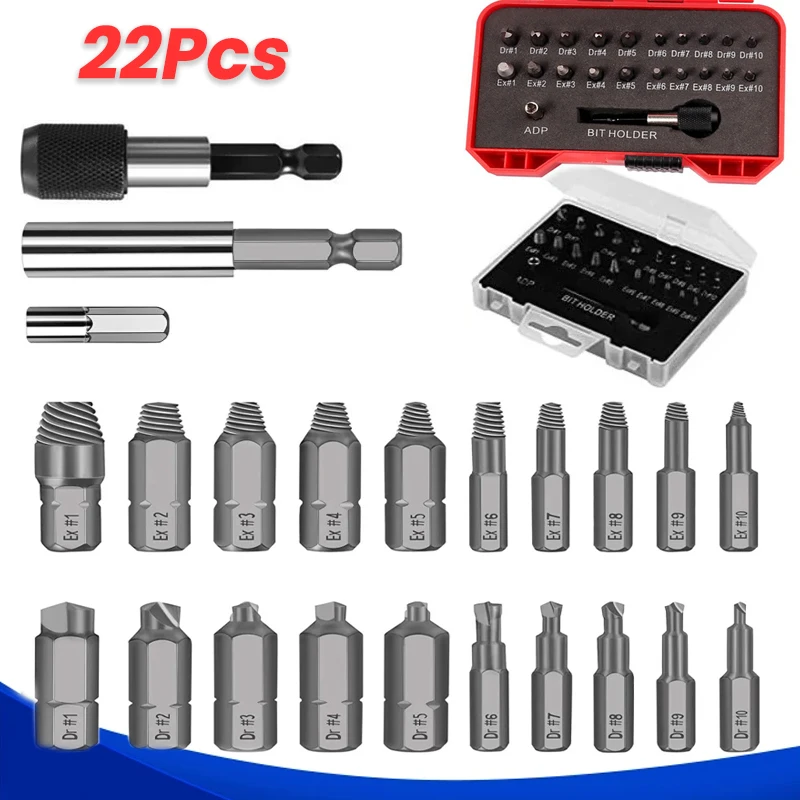 

22Pcs Screw Extractor Set High-speed Steel Broken Wire Extractor Stripped Out Easily Take Out Bolt Remover Screws Kit Drill Bits