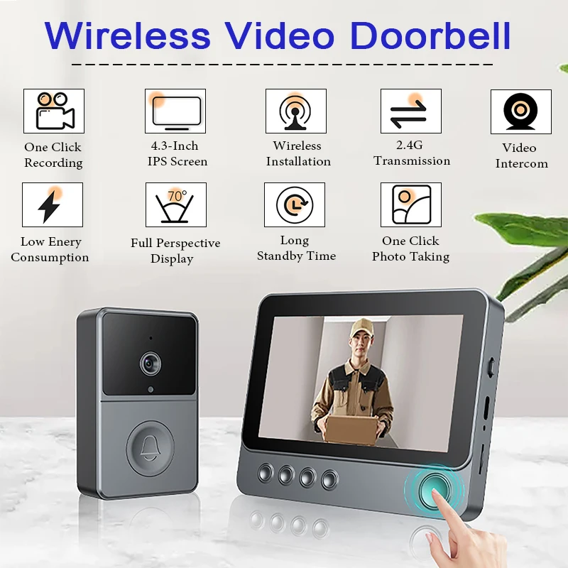 2.4G Slimme Deurbel met Camera 4.3 Inch IPS Scherm Draadloze Audio Video Deurbel Twee Weg Voice Deurbel intercom Systeem