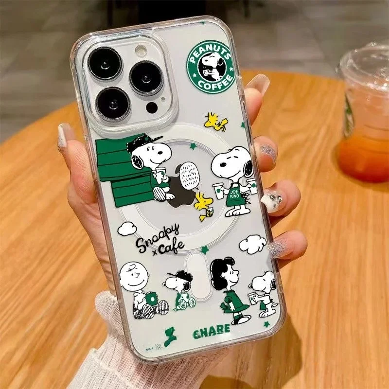 Funda Magnética con Diseño de Snoopy para iPhone 13 14 15 16 17 Pro Max Plus mini, Compatible con Carga Inalámbrica Magsafe